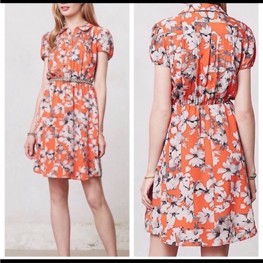 Floral Short Sleeve Orange Fit-and-Flare Dress